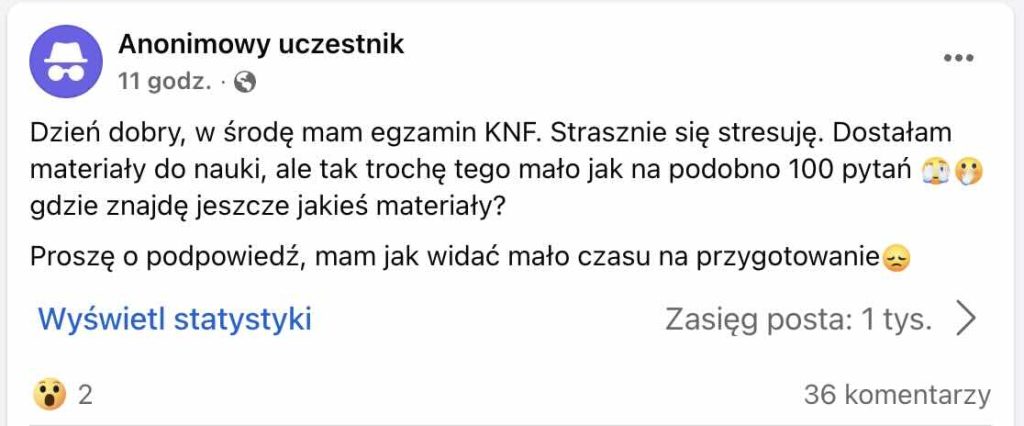 Egzamin KNF bez wsparcia managera - jak społeczność ubezpieczeniowa ratuje kandydatkę przed porażką - Grupa "Praca w ubezpieczeniach" na Facebooku.