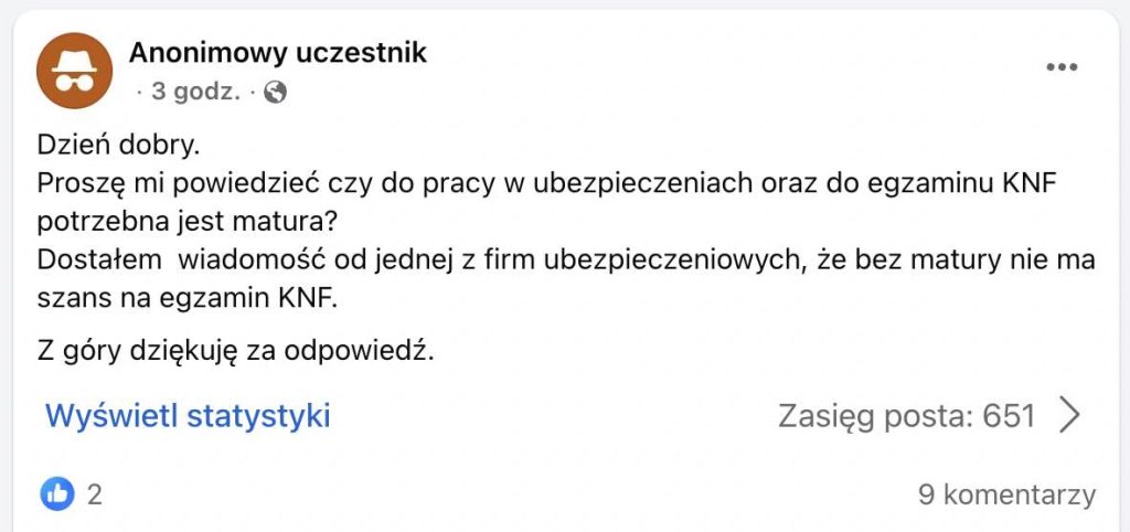 Czy do egzaminu KNF potrzebna jest matura? Wyjaśniamy wątpliwości - grupa na Facebooku