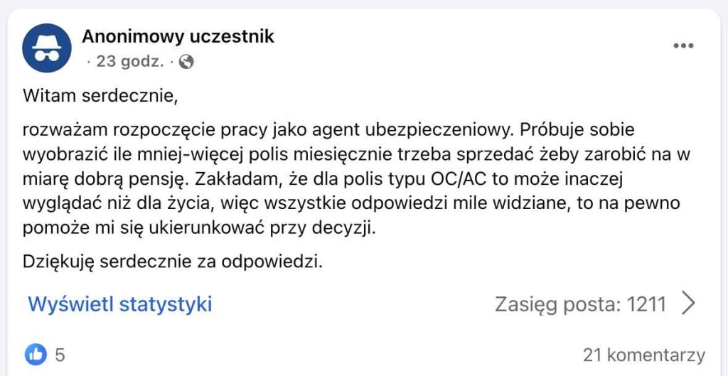 Ile polis trzeba sprzedać żeby zarobić – konkretne liczby. Post na grupie "Praca w ubezpieczeniach" na Facebooku