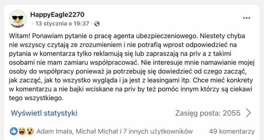 Jak zacząć pracę jako agent ubezpieczeniowy – szczera dyskusja - Post na grupie "Praca w ubezpieczeniach" na Facebooku