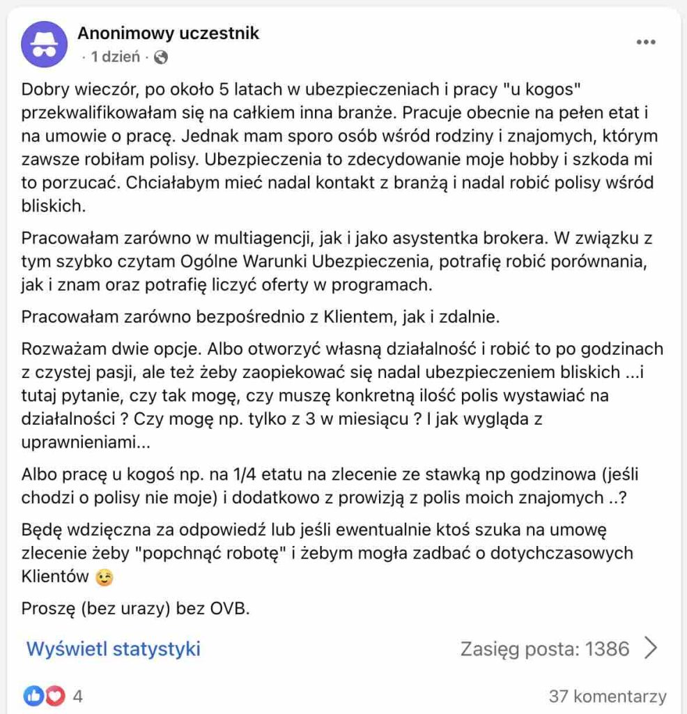 Praca w ubezpieczeniach jako hobby – czy można bez targetów? Post na grupie "Praca w ubezpieczeniach" na Facebooku