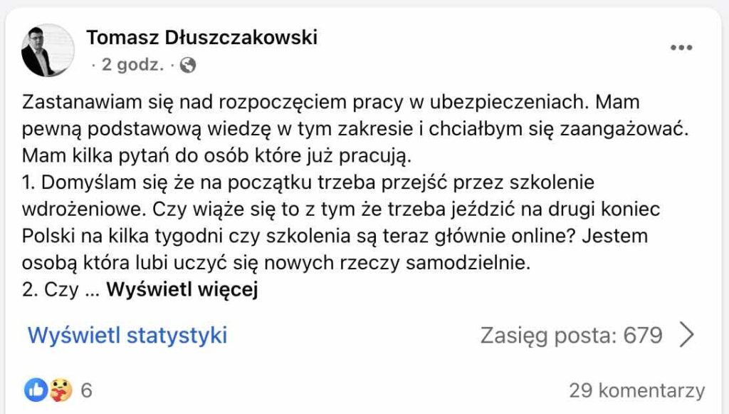 Jak zacząć pracę w ubezpieczeniach – szkolenia, praca zdalna, biuro i linki polecające - post na grupie "Praca w ubezpieczeniach" na Facebooku