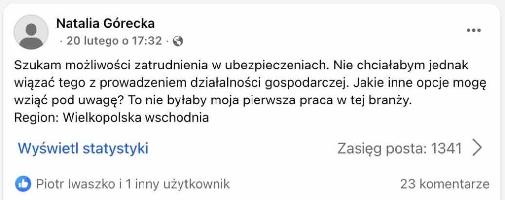Praca w ubezpieczeniach bez JDG – umowa zlecenia, UOP czy dzierżawa listy? Post na grupie "Praca w ubezpieczeniach" na Facebooku