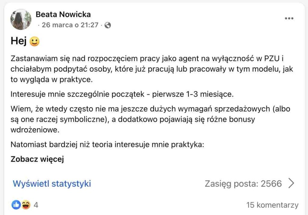 Agent wyłączny PZU – ile można zarobić? Szczere opinie praktyków - Pytanie na grupie "Praca w ubezpieczeniach" na Facebooku