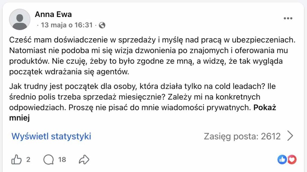 Cold calling w ubezpieczeniach – czy da się zacząć bez dzwonienia do znajomych? Post na grupie "Praca w ubezpieczeniach"