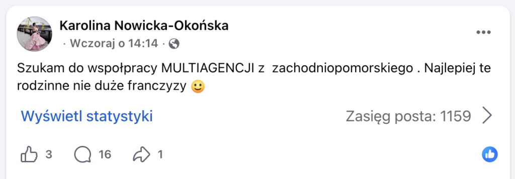 Mała rodzinna multiagencja ubezpieczeniowa – jak ją znaleźć i na co zwrócić uwagę? Post na grupie "Praca w ubezpieczeniach" na Facebooku.