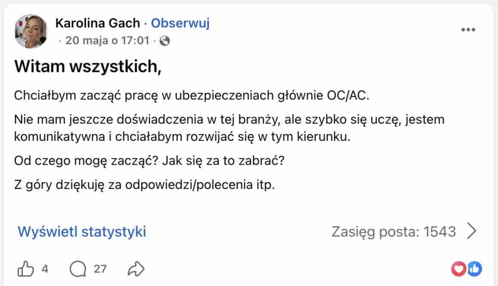 Praca w ubezpieczeniach OC/AC bez doświadczenia – od czego zacząć? Post na grupie "Praca w ubezpieczeniach" na Facebooku