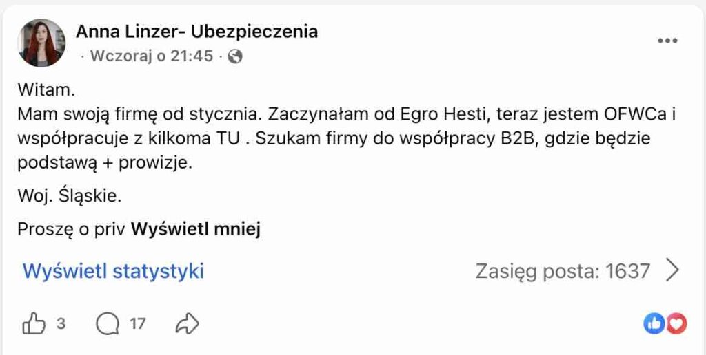 OFWCA szuka współpracy B2B z podstawą na Śląsku – jak wygląda rynek? Post na grupie "Praca w ubezpieczeniach" na Facebooku.