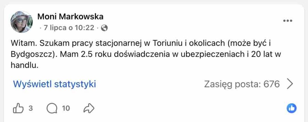Praca w ubezpieczeniach Toruń – agent z 20-letnim doświadczeniem w handlu szuka miejsca - Post na grupie "Praca w ubezpieczeniach" na Facebooku