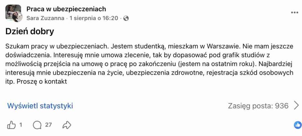 Studentka szuka pracy w ubezpieczeniach – umowa zlecenie z przejściem na UOP - post na grupie "Praca w ubezpieczeniach"