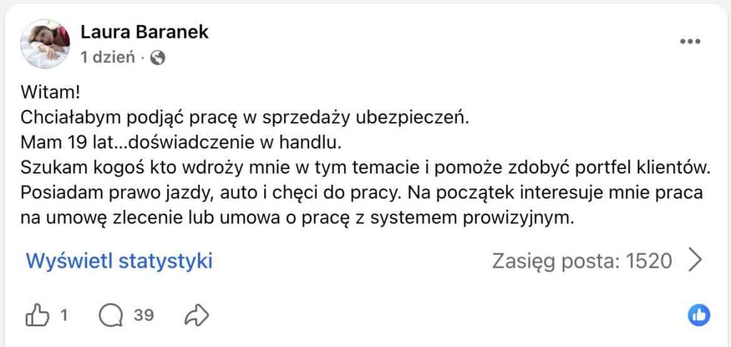 Post na grupie "Praca w ubezpieczeniach" - 19 lat, doświadczenie w handlu, prawo jazdy – jak zacząć w ubezpieczeniach?